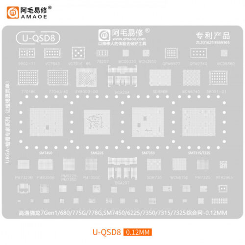 Amaoe U-QSD8 CPU BGA Reballing Stencil for Qualcomm Snapdragon Cpu SM7750 / SM6225 / SM7350 / SM7315 / 7325