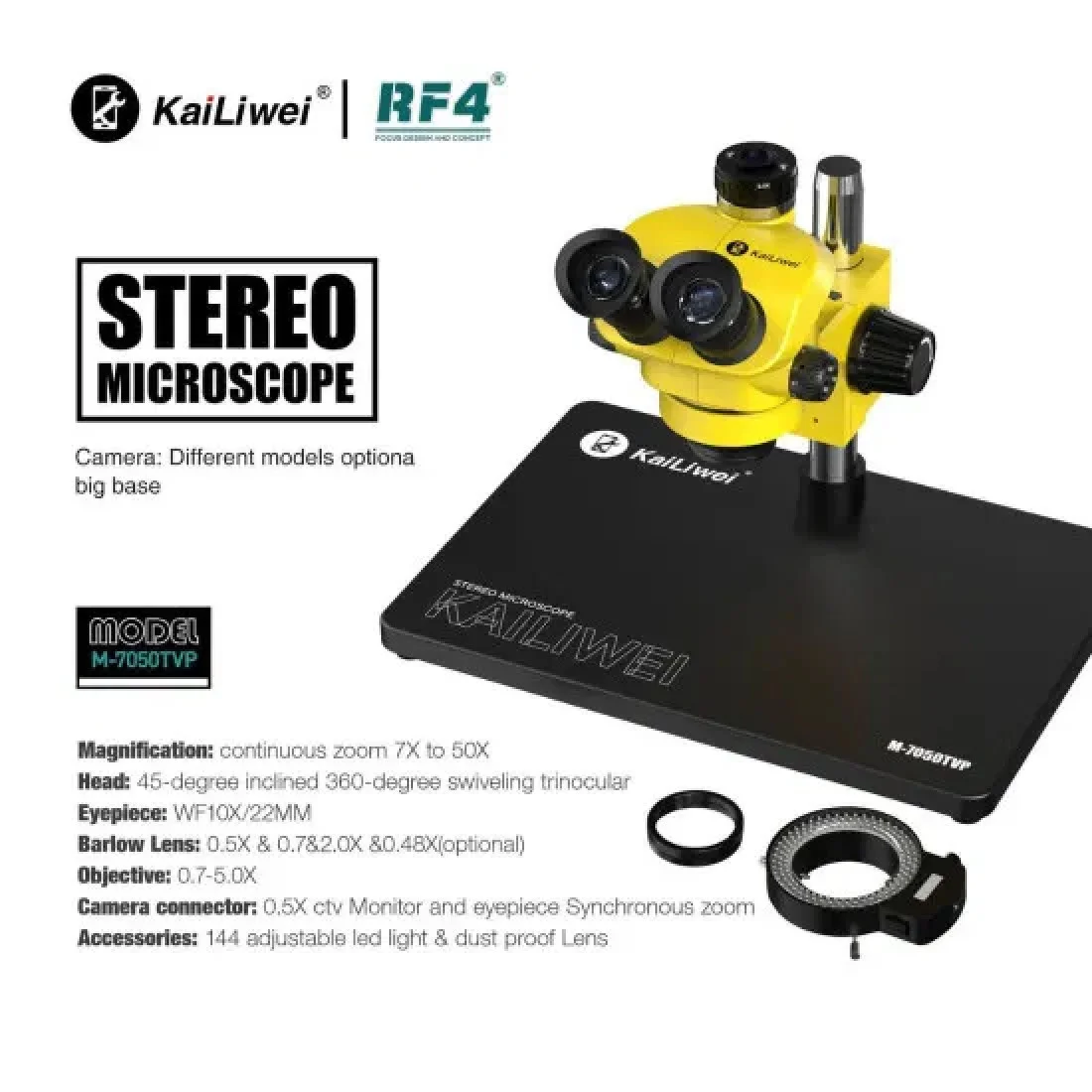 KAILIWEI M-7050TVP (3D CONTINUOUS ZOOM) 7X~50X TRINOCULAR STEREO MICROSCOPE WITH CAMERA OPTION & 0.5X CTV LENS WITH LED ADJUSTABLE LIGHT - Image 4